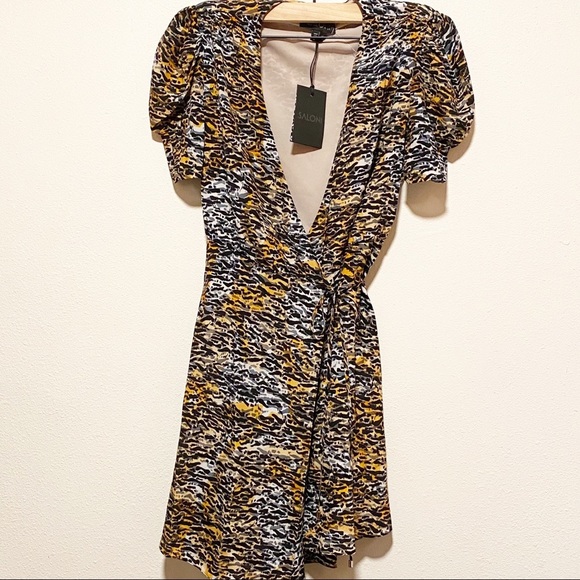 Saloni Lea Wrap Mini Dress Ink Tiger Silk Crepe - Picture 4 of 7